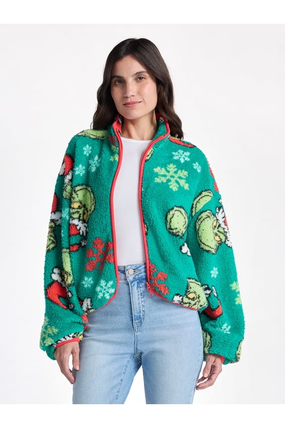 The Grinch Women’s Christmas Print Woobie Fleece Jacket, Sizes XXS-XXL