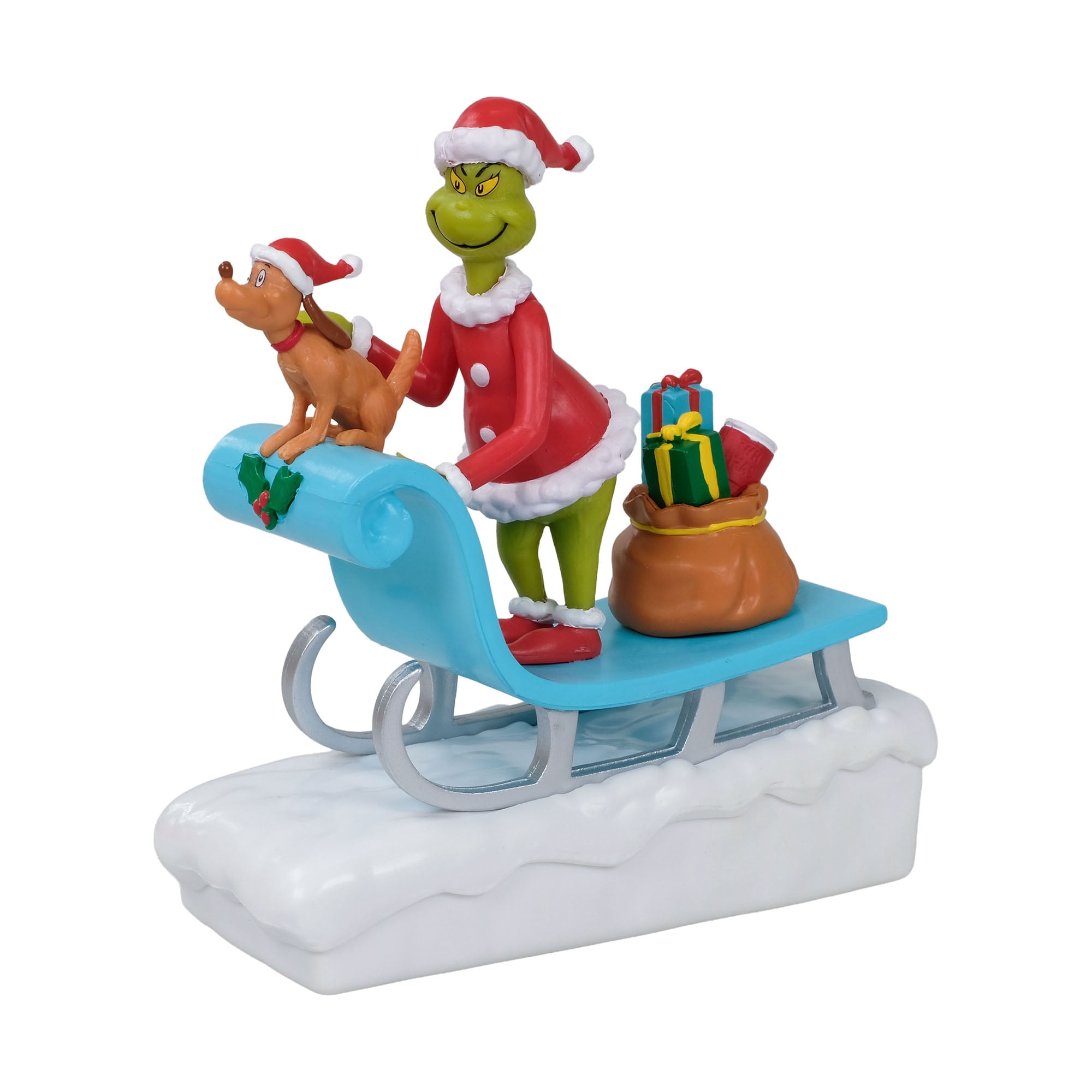 Dr. Seuss The Grinch Santa Sleigh Tabletop Christmas Figurine with Max and Gift Sack