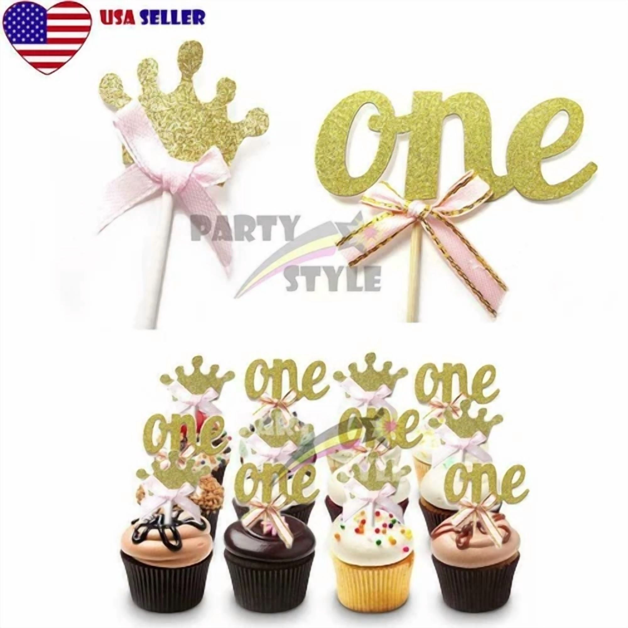 GRIND- 24Pcs Gold Glitter Cupcake Toppers Pink Bow For Girl Baby 1St ...