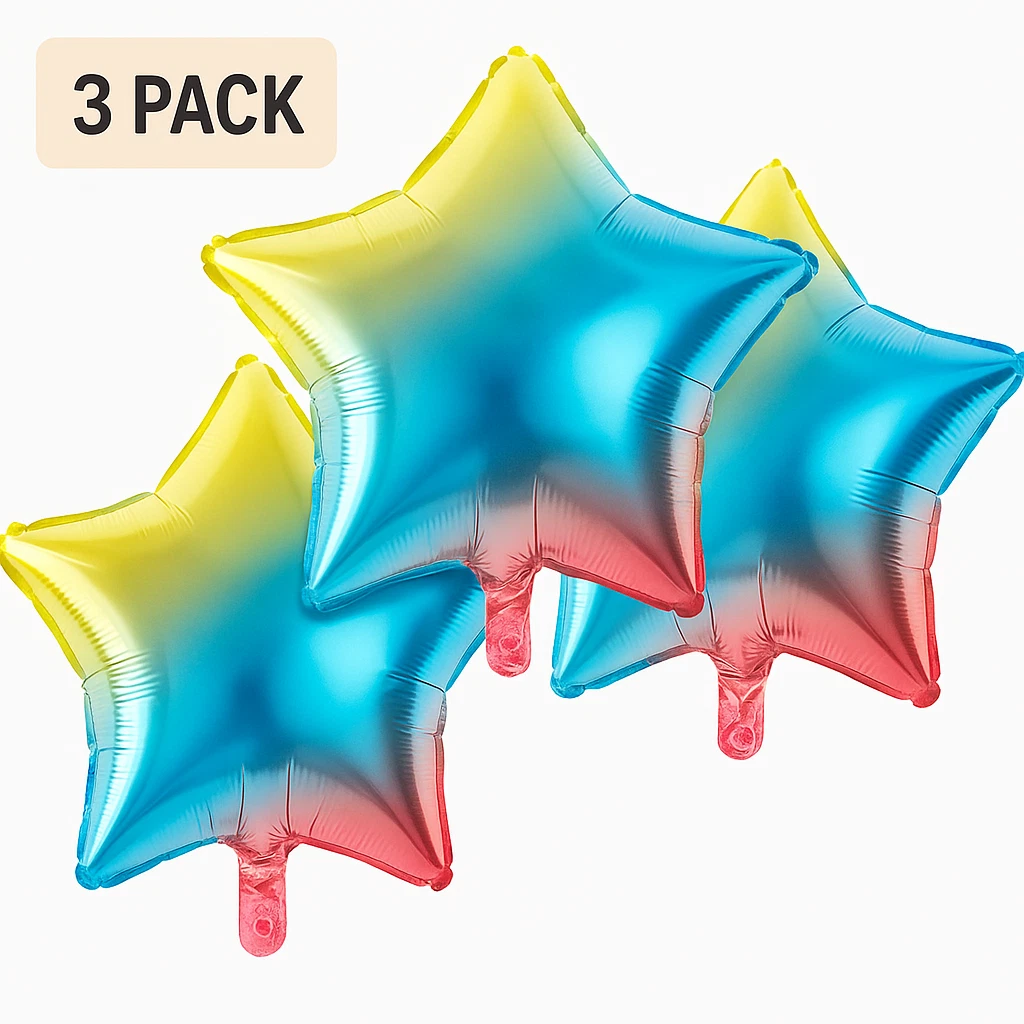 GRIND- Rainbow Star Foil Balloons 3 Pack Party Decor Blue Yellow Red Balloons