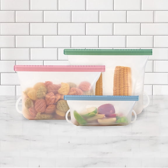 GRIPSTIC Steam + Store Silicone Bags with Sealing Rods, Reusable Food Storage & Microwave Steamer Bags, Leakproof, BPA-Free, Set of 3
