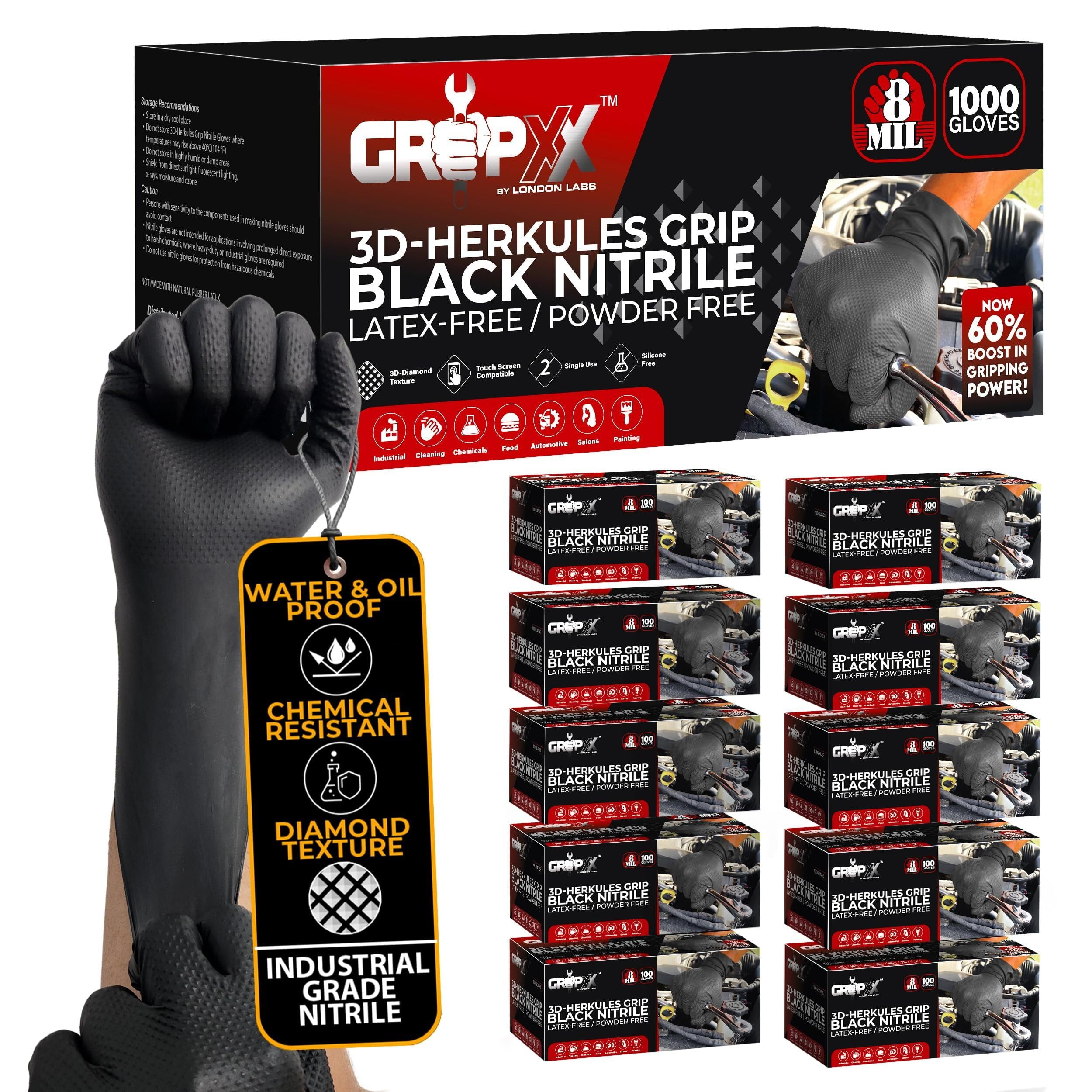 GRIPXX 8 Mil Black Nitrile Gloves Heavy Duty, 3D Raised Diamond Texture Grip Industrial Mechanic, Food Grade Disposable (Large, Black)