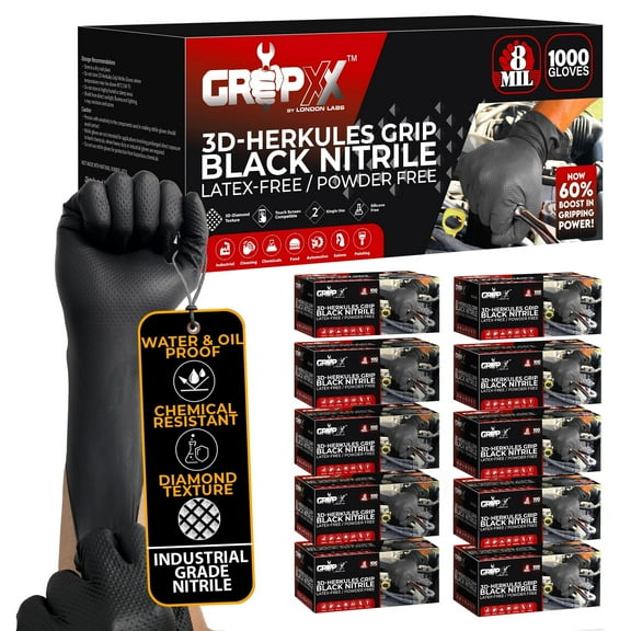 GRIPXX 3D Herkules Grip 8-Mil Industrial Black Nitrile Gloves – Disposable Heavy-Duty, Latex- & Powder-Free Gloves - 1000ct X-large black gloves