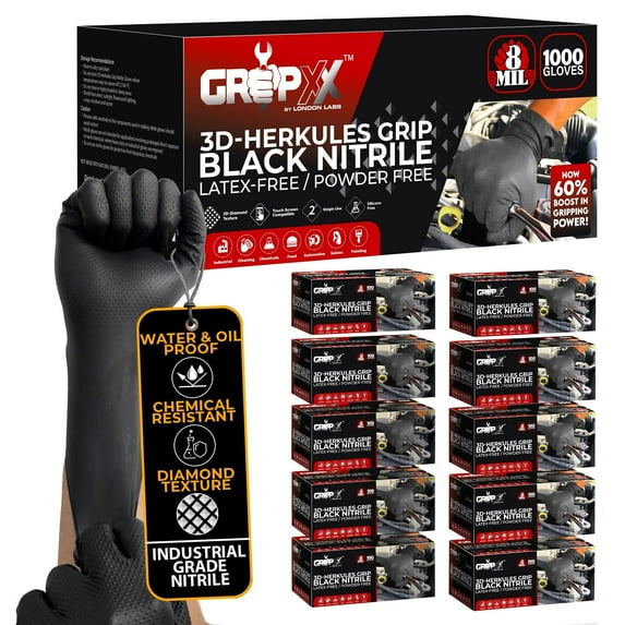 GRIPXX 3D Herkules Grip 8-Mil Industrial Black Nitrile Gloves – Disposable Heavy-Duty, Latex- & Powder-Free Gloves - 1000ct X-large black gloves