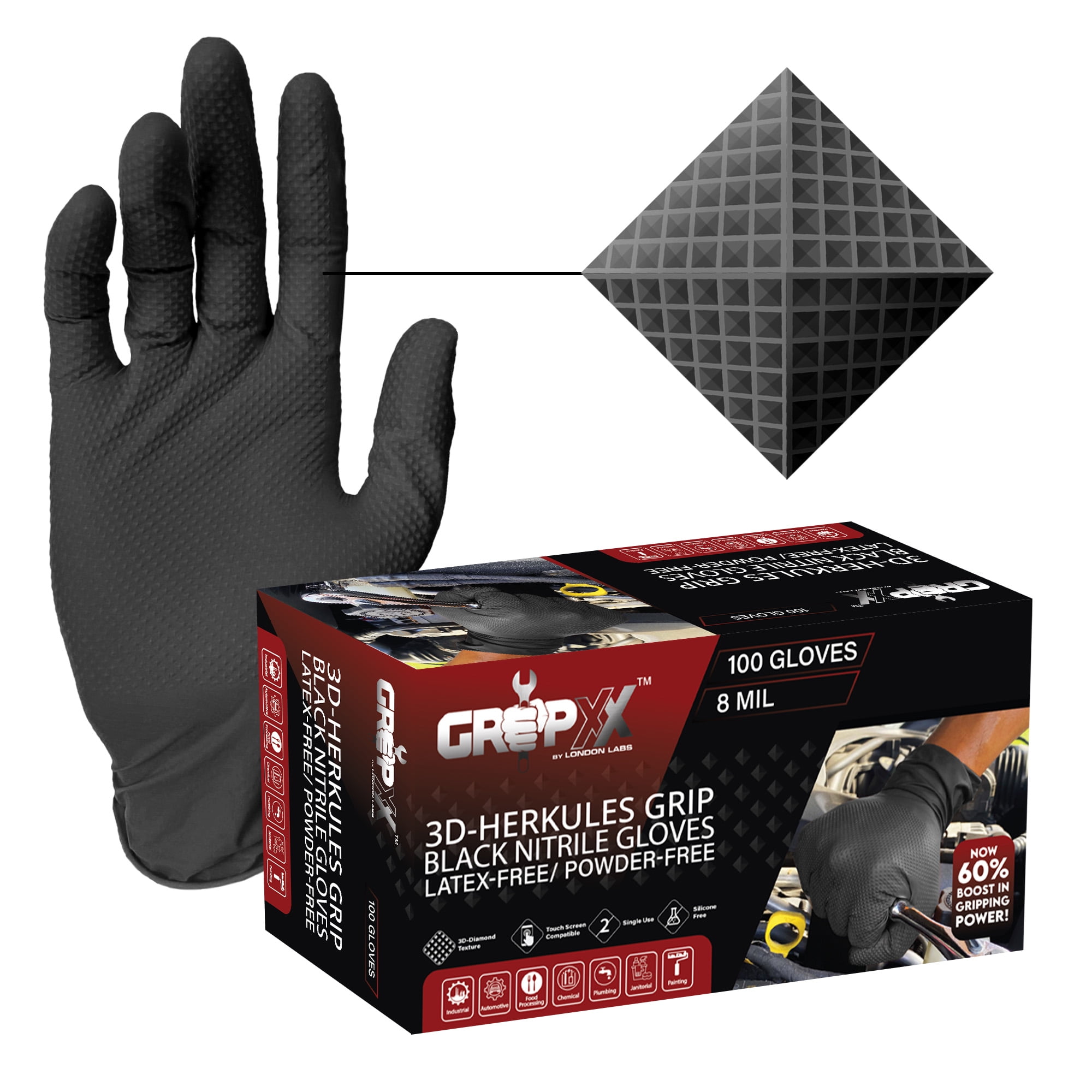 GRIPXX 8 Mil Black Nitrile Gloves - Heavy Duty, 3D Raised Diamond Texture  Grip - Latex-Free & Powder-Free - Industrial, Mechanic, Food Service -  Disposable Gloves for Tough Tasks-Medium - Walmart.com