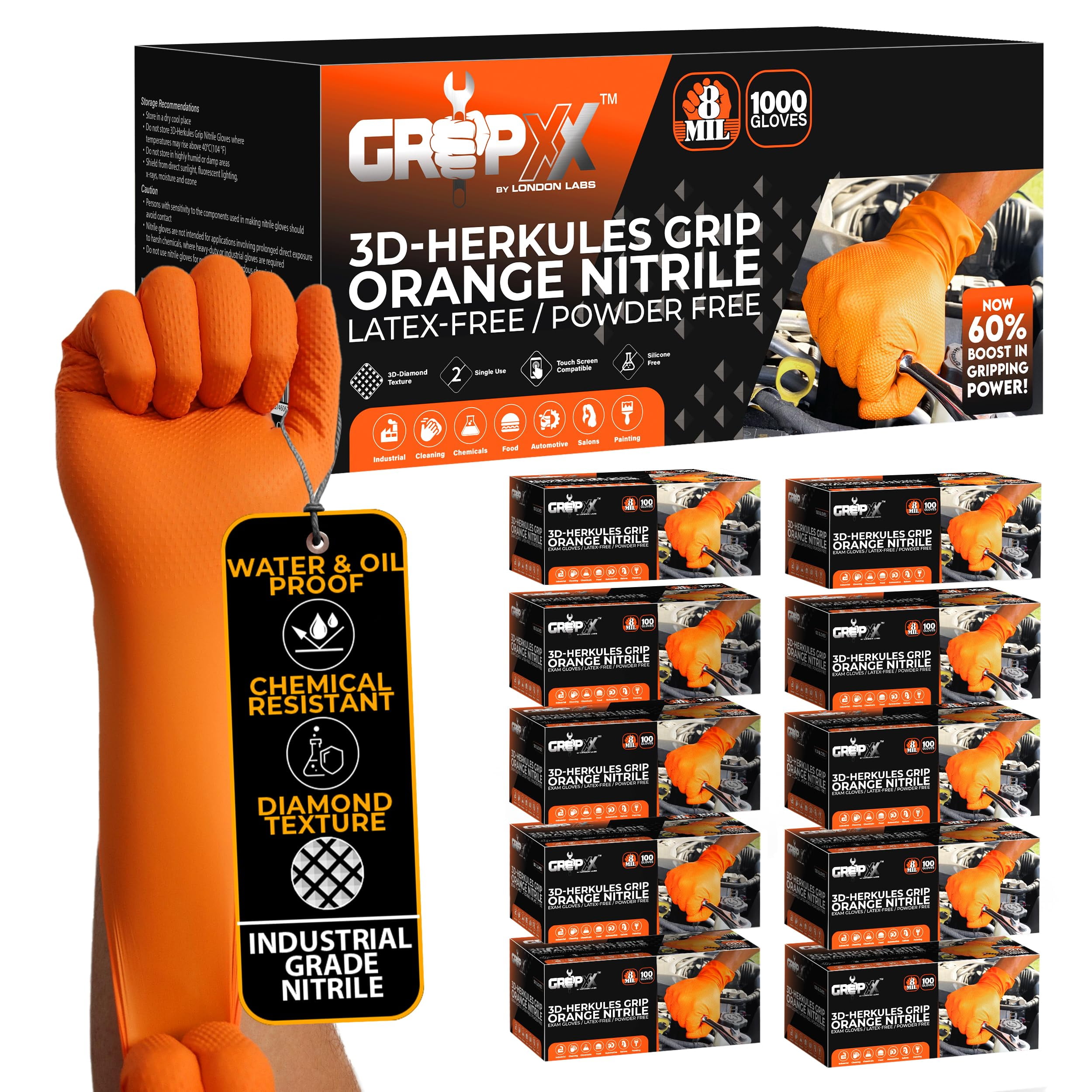 GRIPXX 3D Herkules Grip Orange Disposable Nitrile Gloves 8-Mil Industrial, Latex-& Powder-Free Gloves - 1000ct large Orange gloves