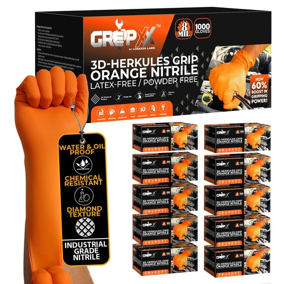 GRIPXX 3D Herkules Grip Orange Disposable Nitrile Gloves – 8-Mil Industrial, Latex-& Powder-Free Gloves - 1000ct X-large Orange gloves