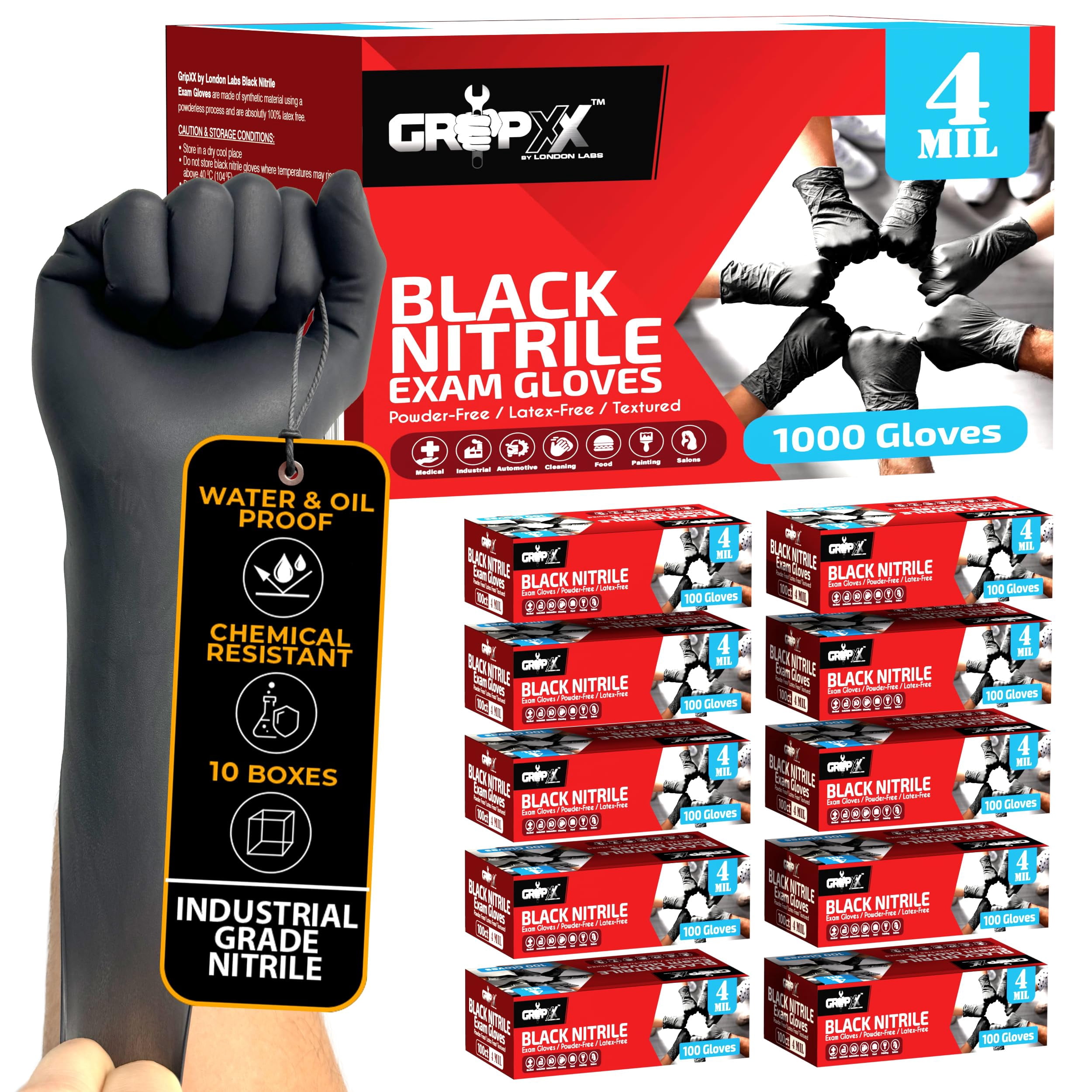 London Labs 4 Mil Disposable Nitrile Gloves, Latex Free & Powder Free Rubber Gloves for Cleaning, Cooking, Mechanic & Medical Uses - 1000ct Black X-small Gloves