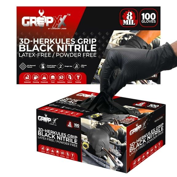 GRIPXX 3D Herkules Grip 8-Mil Industrial Black Nitrile Gloves Disposable Heavy-Duty, Latex- & Powder-Free Gloves - 200ct small black gloves