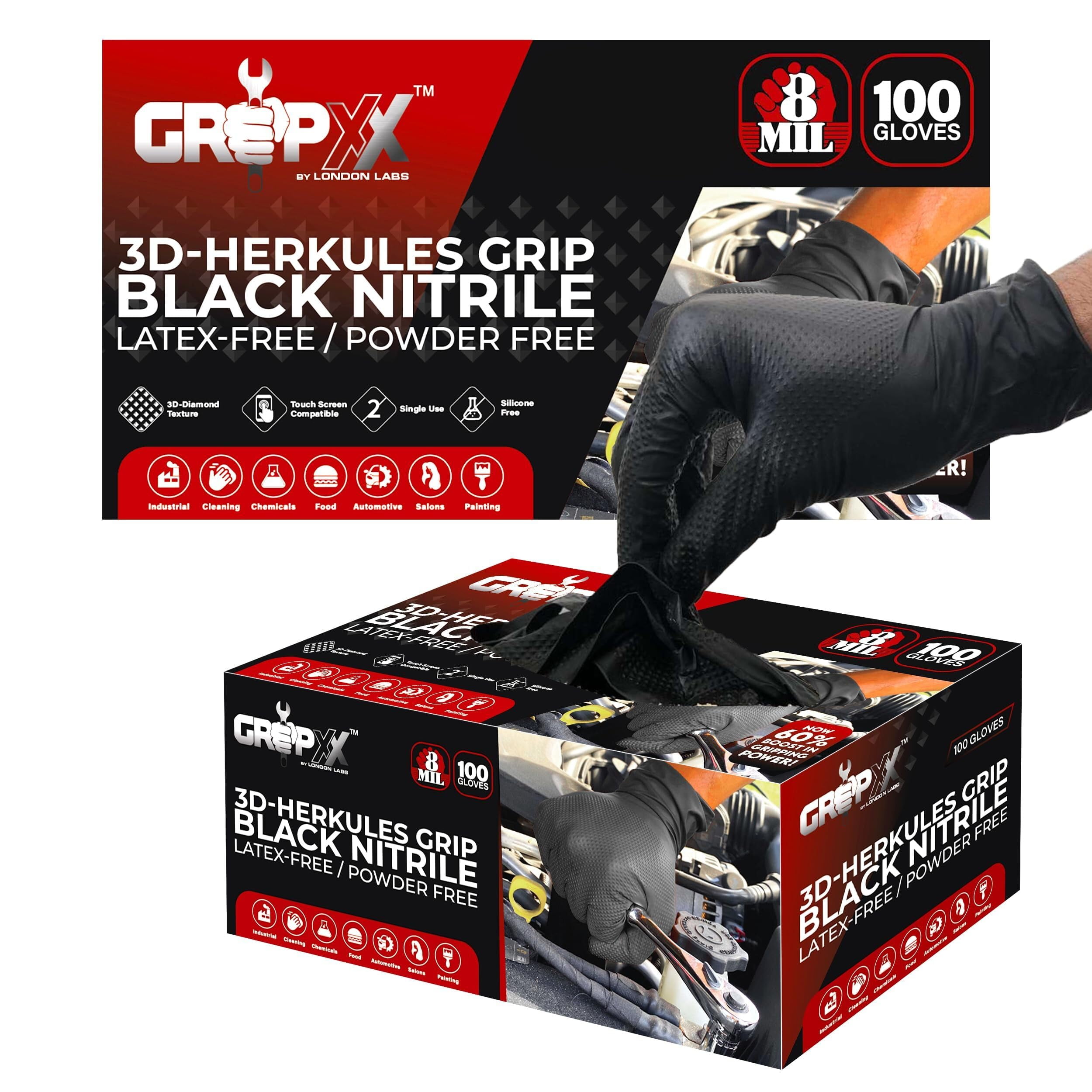 GRIPXX 3D Herkules Grip 8-Mil Industrial Black Nitrile Gloves Disposable Heavy-Duty, Latex- & Powder-Free Gloves - 200ct XX-large black gloves
