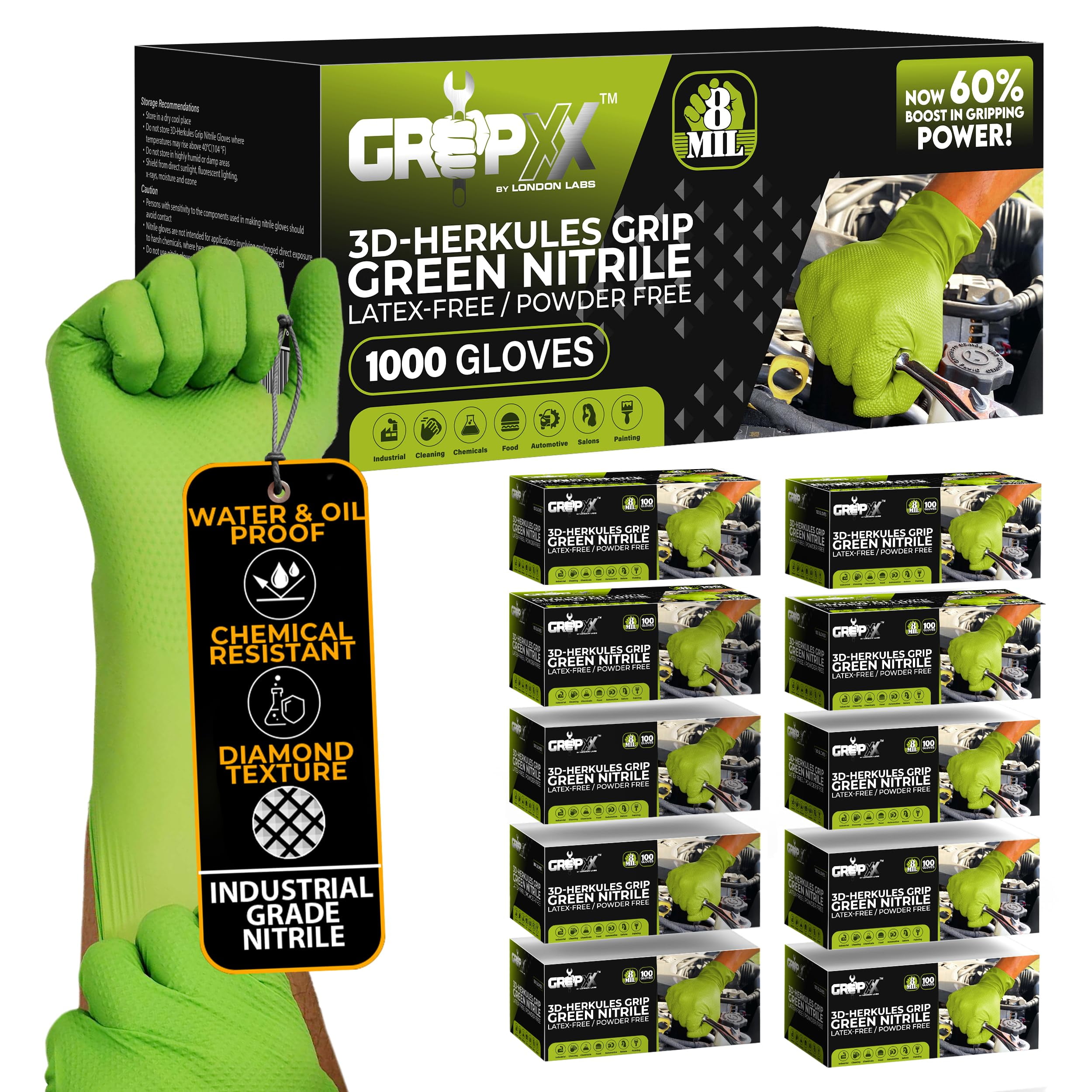 GRIPXX 3D Herkules Grip Green Nitrile Disposable Gloves 8 Mil Heavy Duty, Latex- & Powder-Free Gloves for - 1000ct XX-large Orange gloves