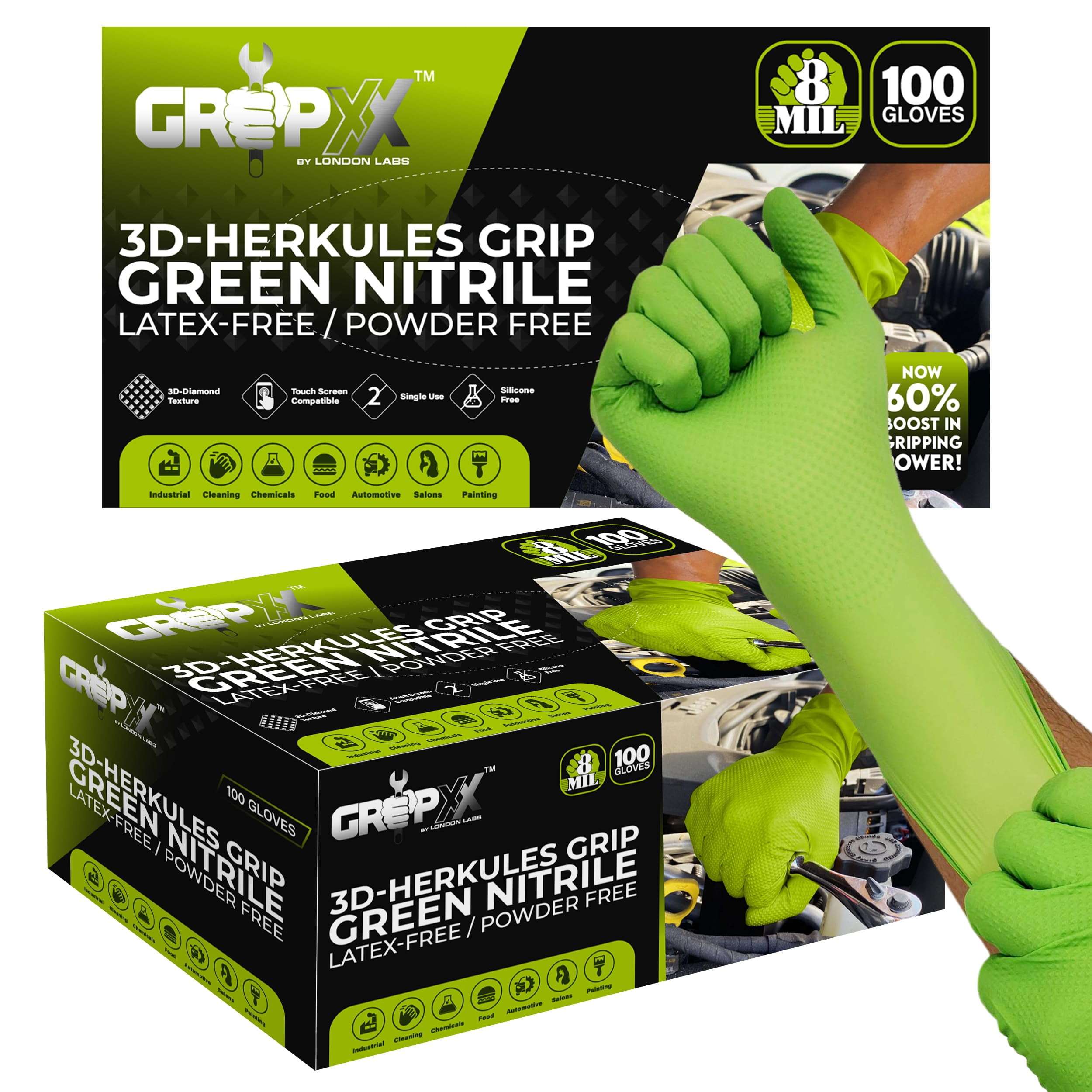 GRIPXX 3D Herkules Grip Green Nitrile Disposable Gloves 8 Mil Heavy Duty, Latex- & Powder-Free Gloves for - 200ct XX-large Orange gloves