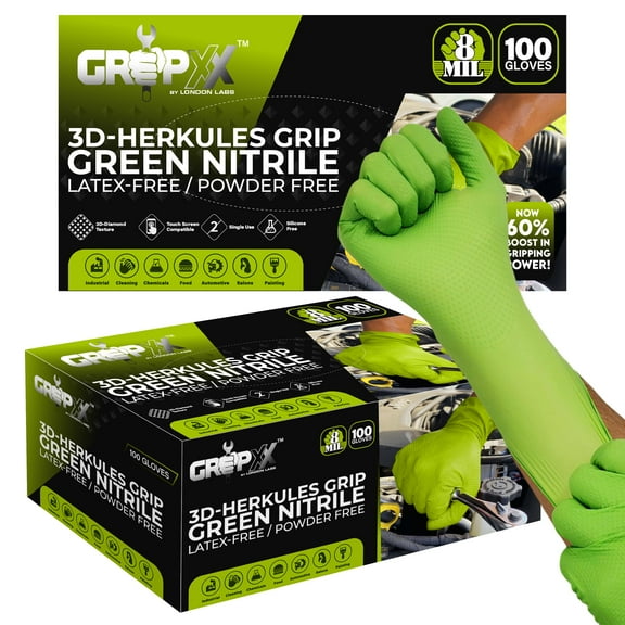 GRIPXX 3D Herkules Grip Green Nitrile Disposable Gloves – 8 Mil Heavy Duty, Latex- & Powder-Free Gloves for - 200ct large Orange gloves