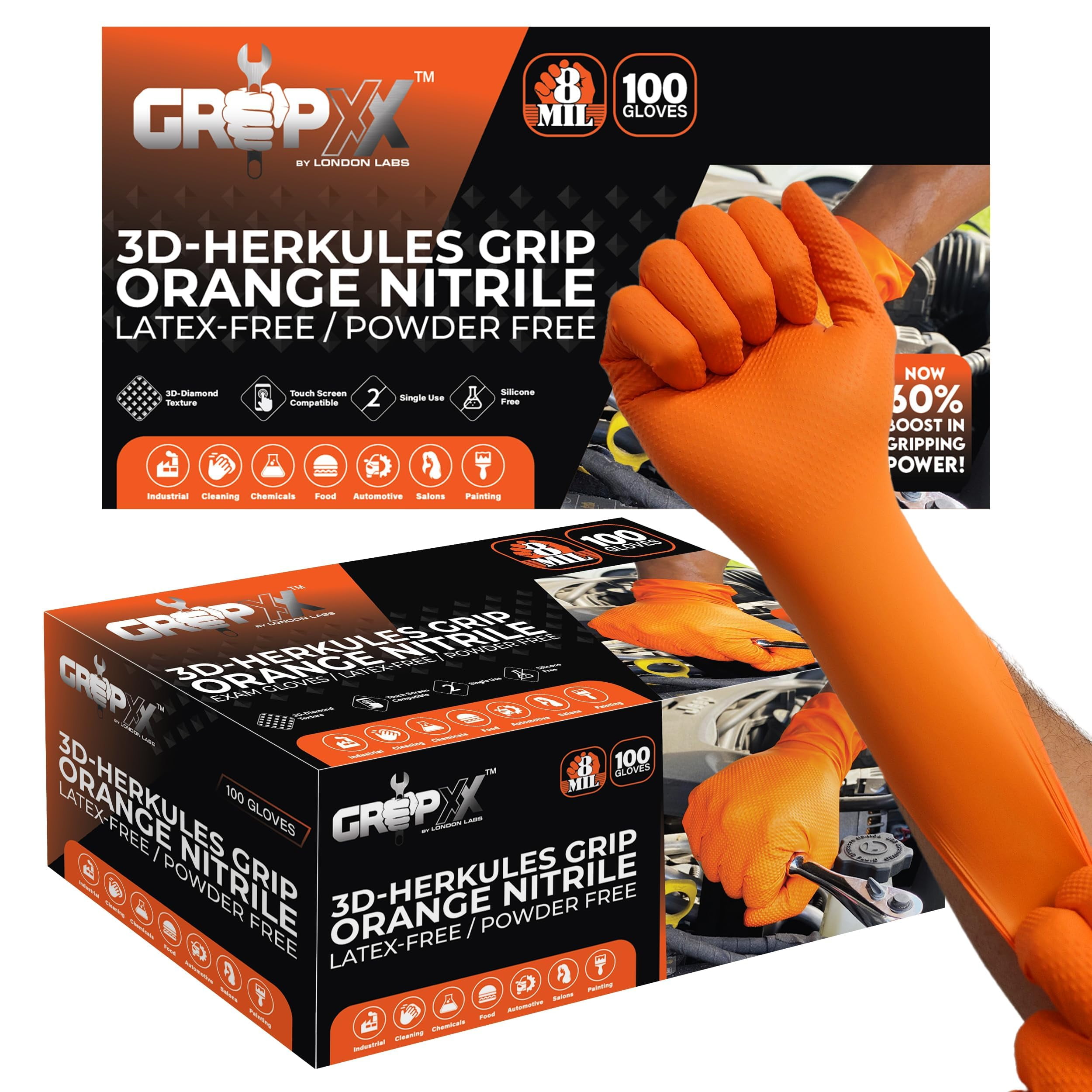 GRIPXX 3D Herkules Grip 8 Mil Orange Nitrile Gloves, Industrial Disposable, Latex-Free & Powder-Free, 1000ct large Orange gloves