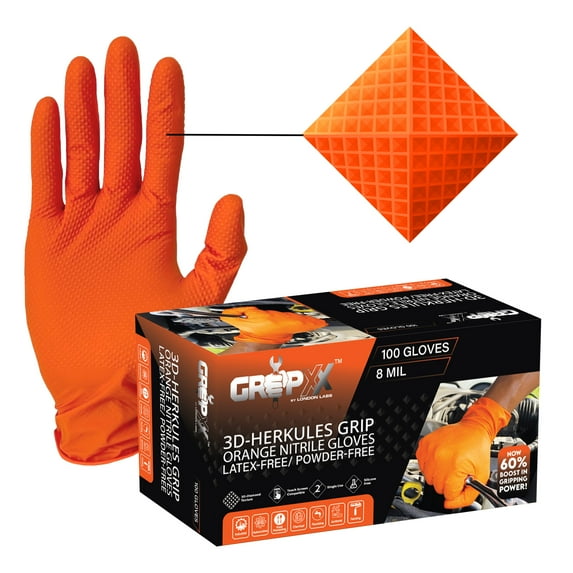 GRIPXX Herkules Grip Heavy Duty 8Mil Orange Nitrile Gloves,3D Raised Diamond Texture-Latex & Powder Free-Industrial, Mechanic-Small