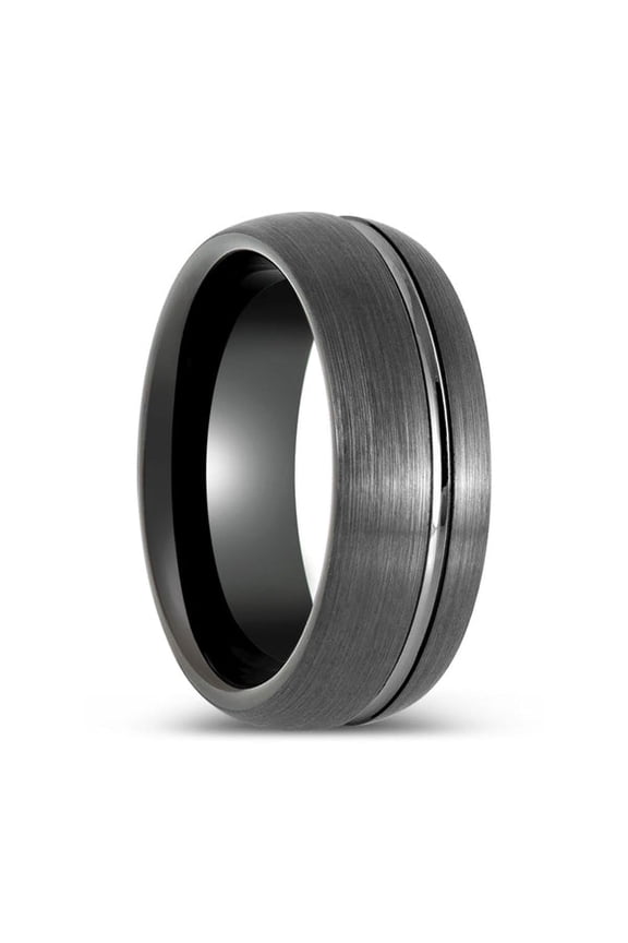 GRITEDGE | Black Tungsten Ring, Gun Metal with Domed Brushed Off-Center Groove