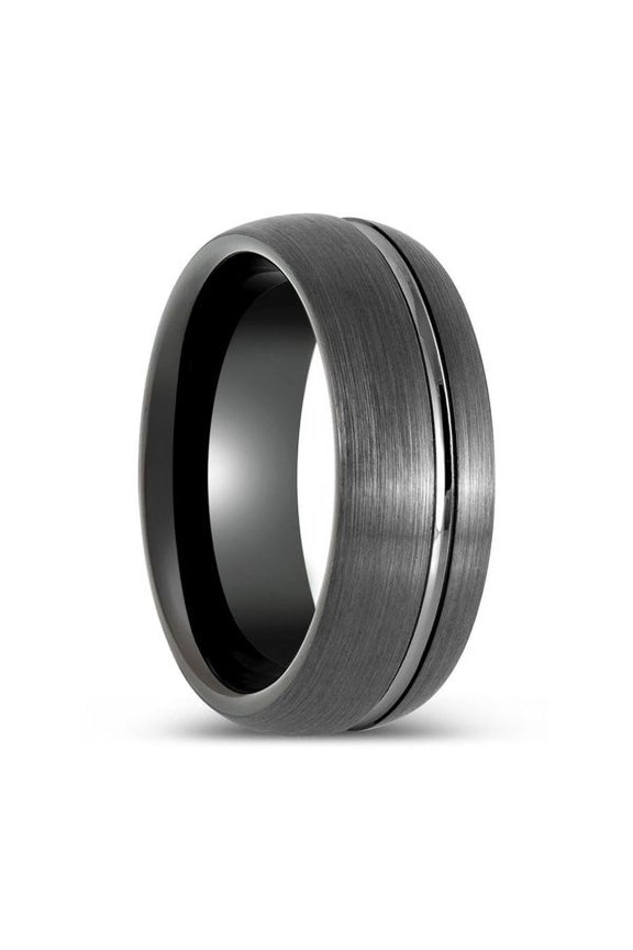 GRITEDGE | Black Tungsten Ring, Gun Metal with Domed Brushed Off-Center Groove