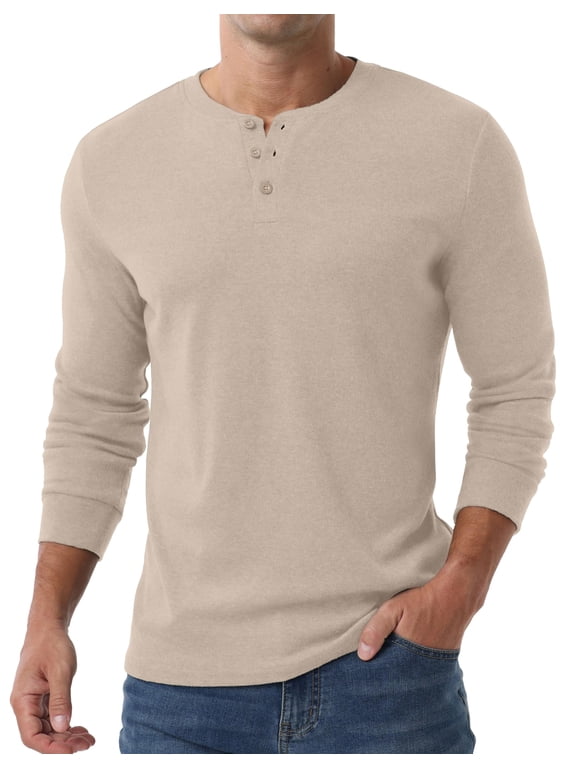 GRIUNS Mens Henley Shirts Long Sleeve T-Shirt Casual Classic Soft Stretch Pullover Tees Gray Khaki L