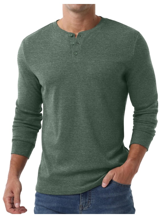 GRIUNS Mens Henley Shirts Long Sleeve T-Shirt Casual Classic Soft Stretch Pullover Tees Green L