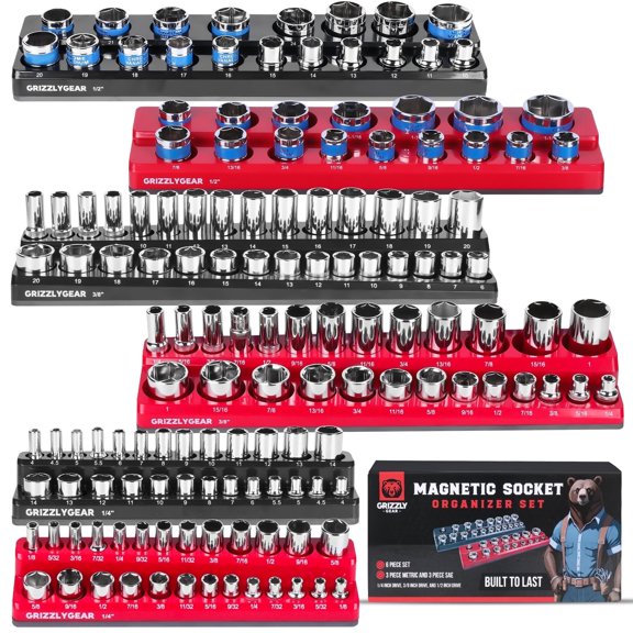GRIZZLYGEAR Magnetic Socket Holder- 6 Piece SAE & Metric Socket Set | Fits Deep & Shallow Sockets, 1/4 3/8 1/2 Drive Sizes. Magnet Trays for Mechanic