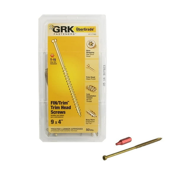 GRK Fin/Trim Trim Head Screw - Steel, Easy Installation - 50 Count, #9 x 4 In, Gold