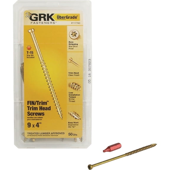 GRK Fin/Trim Trim Head Screw - Steel, Easy Installation - 50 Count, #9 x 4 In, Gold — Construction & DIY Use, Standard Hardware Spec