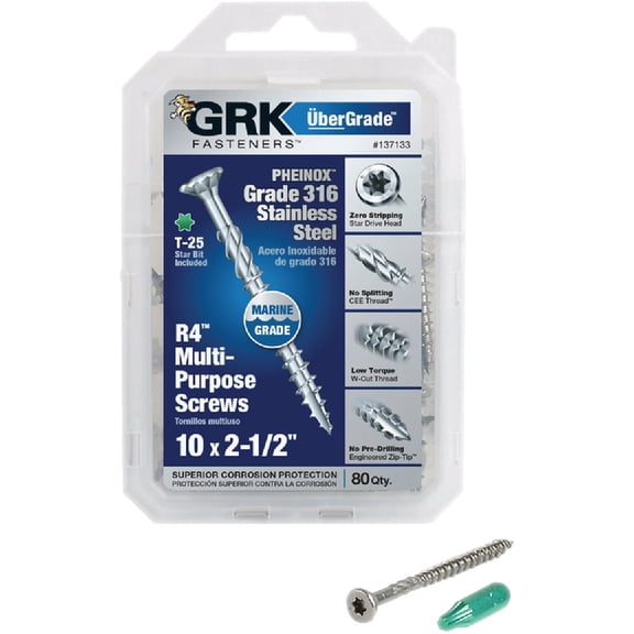 GRK 137133 R4#10 by 2-1/2-inch PHEINOX 316SS Marine Grade Fasteners Handy Pak, 80 per Pack Residential Use, Standard Application