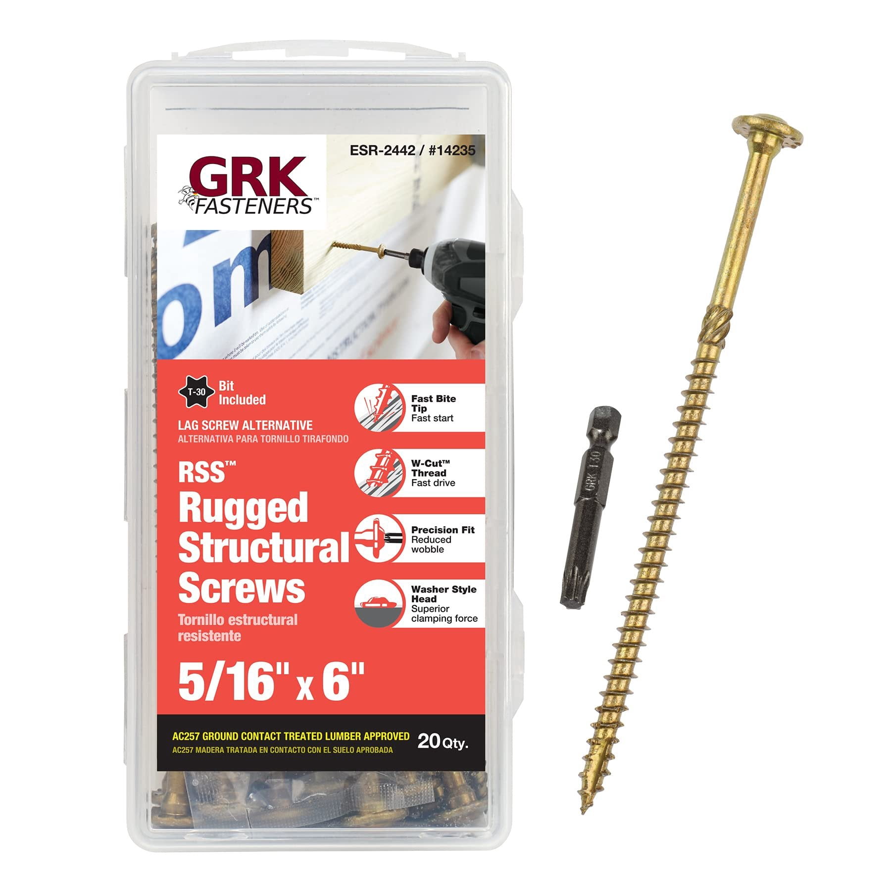 GRK RSS Rugged Structural Screw - Steel, Gold - 20 Count, 5/16 in x 6 in — Construction & DIY Use, Standard Hardware Spec