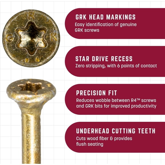 GRK Fasteners R4™#10 x 4-3/4 Inch, Multi-Purpose Framing Screws, 230 PCS, Rust Resistant Climatek™ Coating, Outdoor Fencing and Deck Screws, Fast Bite Tip, Star Drive Recess, T-25 Bit Included, Gold