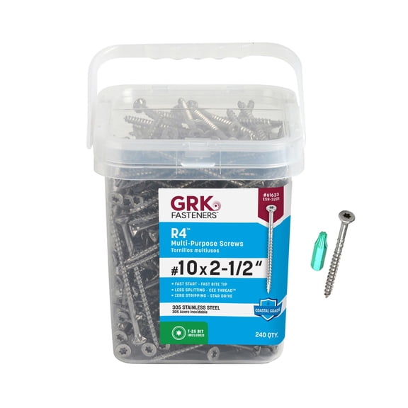GRK R4 Stainless Steel Self-Tapping Screws - Rust Resistant - 240 Count, #10 x 2-1/2 In  Construction & DIY Use, Standard Hardware Spec