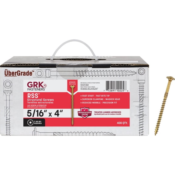 GRK Fasteners RSS 5/16 x 4 Inch, Structural Screws, 400 PCS, Rust Resistant Climatek Coating, Heavy-Duty Framing & Decking Screws, Fast Bite Tip, Star Drive Recess, Gold