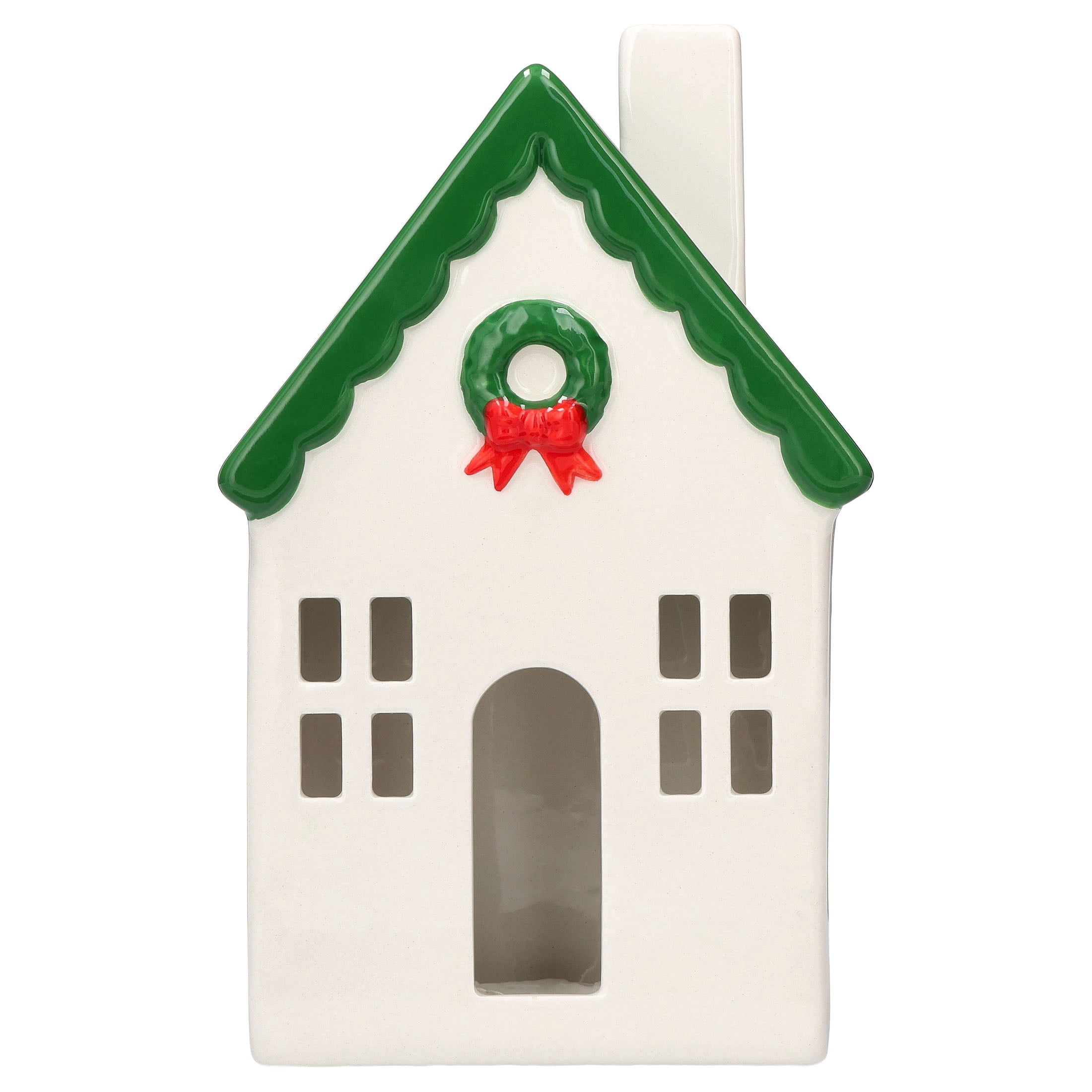 Ceramic House with Wreath Christmas Decoration, Red/White/Green, 7", by Holiday Time