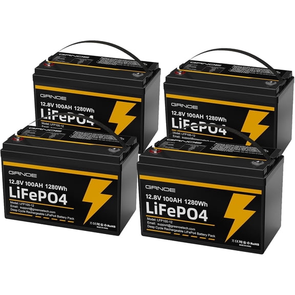 GRNOE 12V 100Ah LiFePO4 Lithium Battery Group 31 (4-Pack) With Built-in 100A BMS, Low-Temp Protection Up to 15000 Deep Cycles Rechargeable Battery for RV, Marine, Solar System, Van, Trailer, Backup