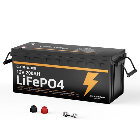 GRNOE 12V 200Ah LiFePO4 Battery Built-in 200A BMS 2560Wh Energy Storage Iron Phosphate 3000-15000 Deep Cycles Battery for Solar Trolling Motor RV