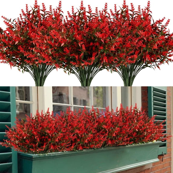 GRNSHTS 10 Bundles Artificial Lavender Flowers Flocked Plastic with Silk Flowers for Wedding Decor Bouquet Indoor Outdoor Home Kitchen Office Table Centerpieces Arrangements (Red)