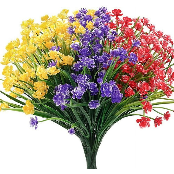 GRNSHTS 12 Bundles Artificial Lavender Flowers Outdoor UV Resistant Fake Plastic Flowers Faux Plastic Shrubs for Indoor Outdoor Window Home Garden Decoration(Red Purple Yellow)