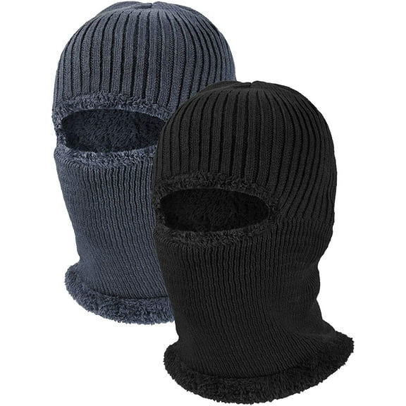 GRNSHTS 2 Pack Unisex Winter Warm Knitted Balaclava Neck Warmer Hat Fleece Lined Ski Mask Windproof Face Mask for Outdoor Sports (Black, Grey)