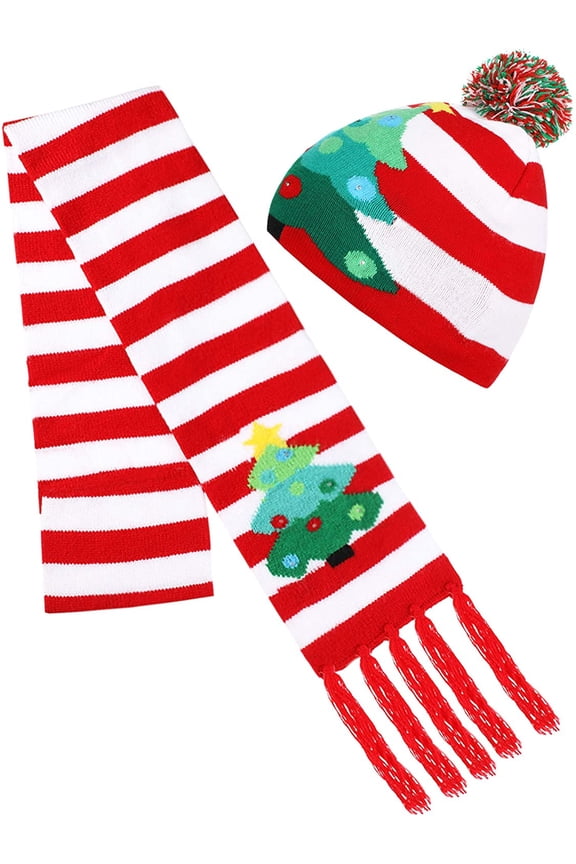 2 Pieces LED Knitted Christmas Beanie Hat Scarf Set Xmas Tree Beanie Light Up Warm Hat for Children Adult Christmas Party