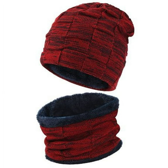 GRNSHTS 2-Pieces Winter Beanie Hat Scarf Set Thick Fleece Lined Warm Knit Ski Hats Skull Cap for Men & Women ,Winered
