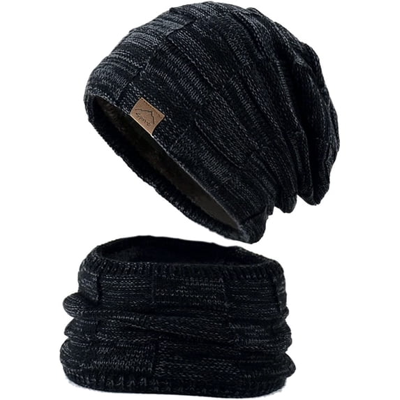 GRNSHTS 2 Pieces Winter Hat Scarf for Men Women Solid Color Knit Fleece Lined Warm Hats & Neck Warmer Scarf Beanie Hat Set (Black)