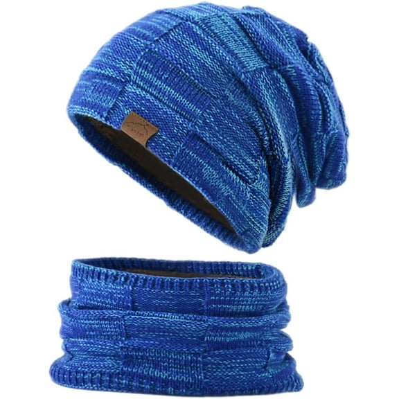 GRNSHTS 2 Pieces Winter Hat Scarf for Men Women Solid Color Knit Fleece Lined Warm Hats & Neck Warmer Scarf Beanie Hat Set (Blue)