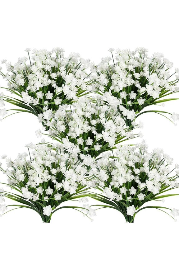 20 Bundles Artificial Outdoor Flowers Fake UV Resistant No Fade Greenery Faux Plants Shrubs for Indoor Outside Hanging Planter Home Office Wedding Farmhouse Decor (White)