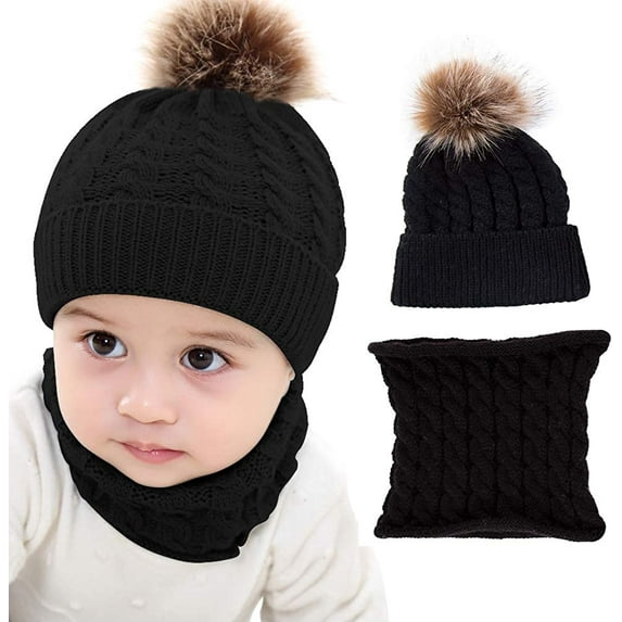 GRNSHTS 2PCS Toddler Baby Knit Hat Scarf Neckwarmer Winter Warm Beanie Hat Ski Cap (Black)