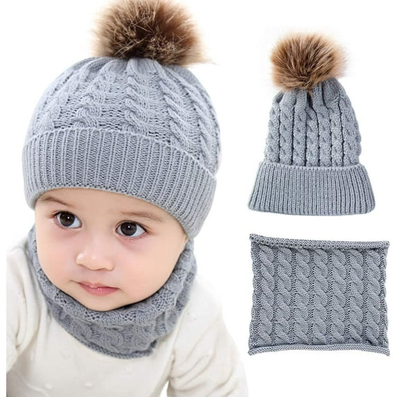 GRNSHTS 2PCS Toddler Baby Knit Hat Scarf Neckwarmer Winter Warm Beanie Hat Ski Cap (Grey)