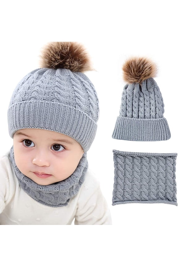 2PCS Toddler Baby Knit Hat Scarf Neckwarmer Winter Warm Beanie Hat Ski Cap (Grey)
