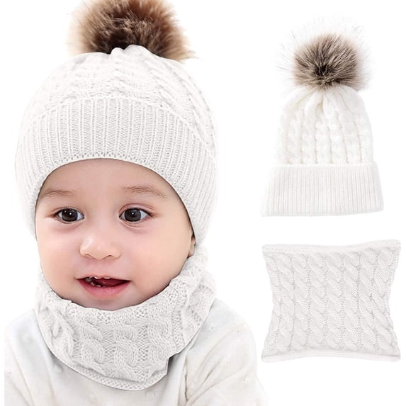 GRNSHTS 2PCS Toddler Baby Knit Hat Scarf Neckwarmer Winter Warm Beanie Hat Ski Cap (White)