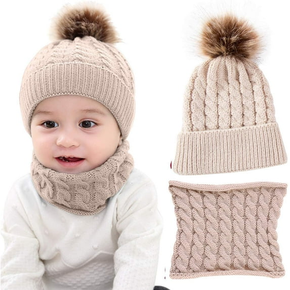 GRNSHTS 2PCS Toddler Baby Knit Hat Scarf Winter Warm Beanie Cap with Circle Loop Scarf Neck Warmer (Beige)