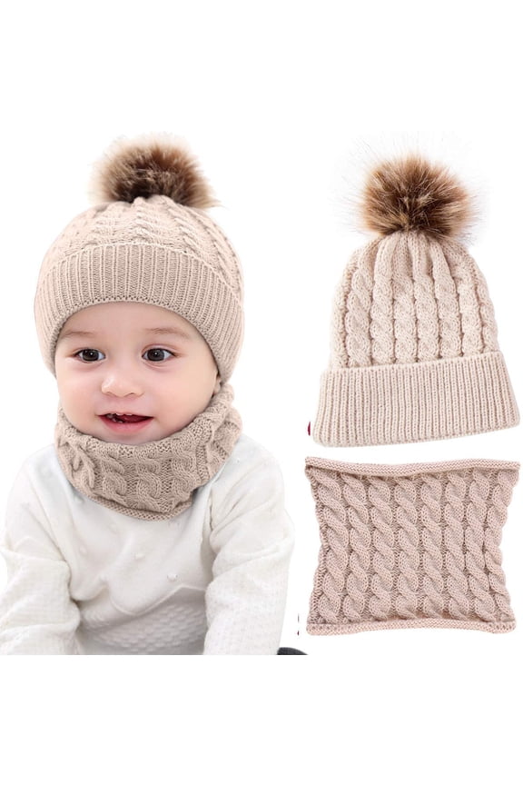 2PCS Toddler Baby Knit Hat Scarf Winter Warm Beanie Cap with Circle Loop Scarf Neck Warmer (Beige)