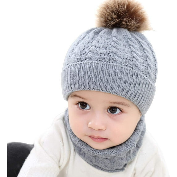 GRNSHTS 2PCS Toddler Baby Knit Hat Scarf Winter Warm Beanie Cap with Circle Loop Scarf Neck Warmer (Grey)