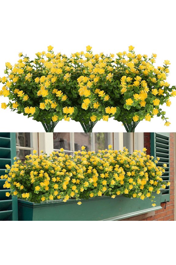 6 Bundles Artificial Flowers, Fake Artificial Greenery UV Resistant No Fade Faux Plastic Plants for Wedding Bridle Bouquet Indoor Outdoor Home Garden Kitchen Office Table Vase (Yellow)